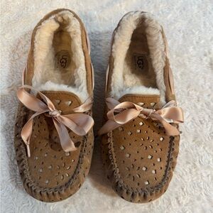 UGG Brown Suede Moccasins with Pink Bow